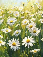 Swaying daisies in summer breeze white yellow green realistic