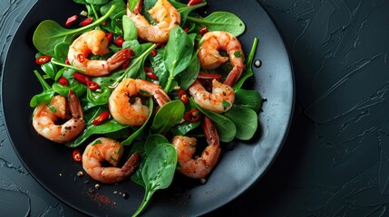 Fresh shrimp salad with spinach and chili served on a dark plate for a vibrant meal option