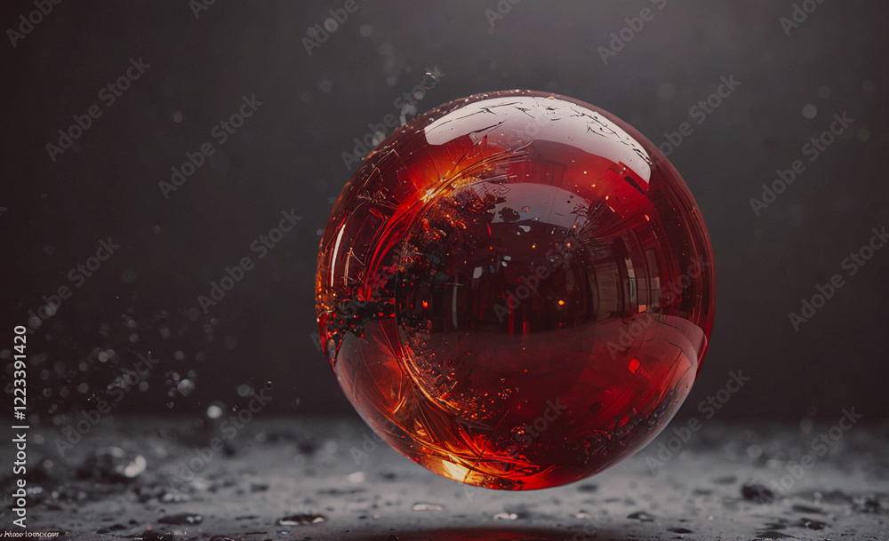 Poster a red ball is floating in the air. the ball is surrounded by a blurry background. the image has a dr