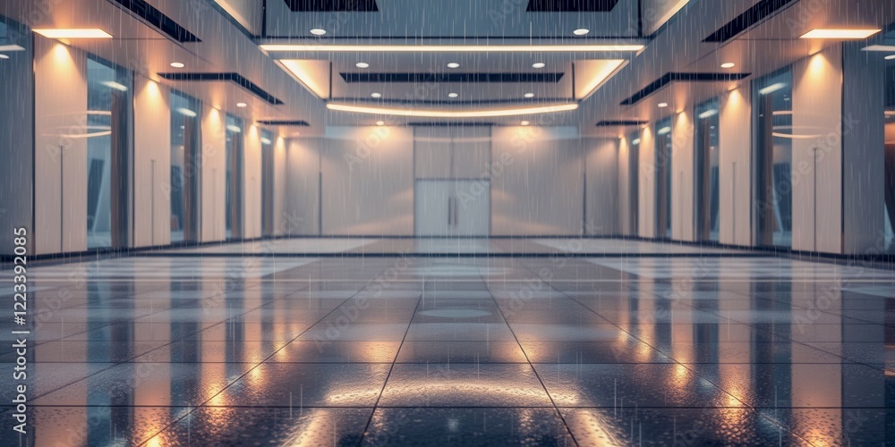 Poster a large, empty room with a wet floor. the room is lit by overhead lights, creating a stark and cold 