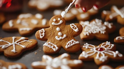 Decorating festive gingerbread cookies with icing for holiday celebrations