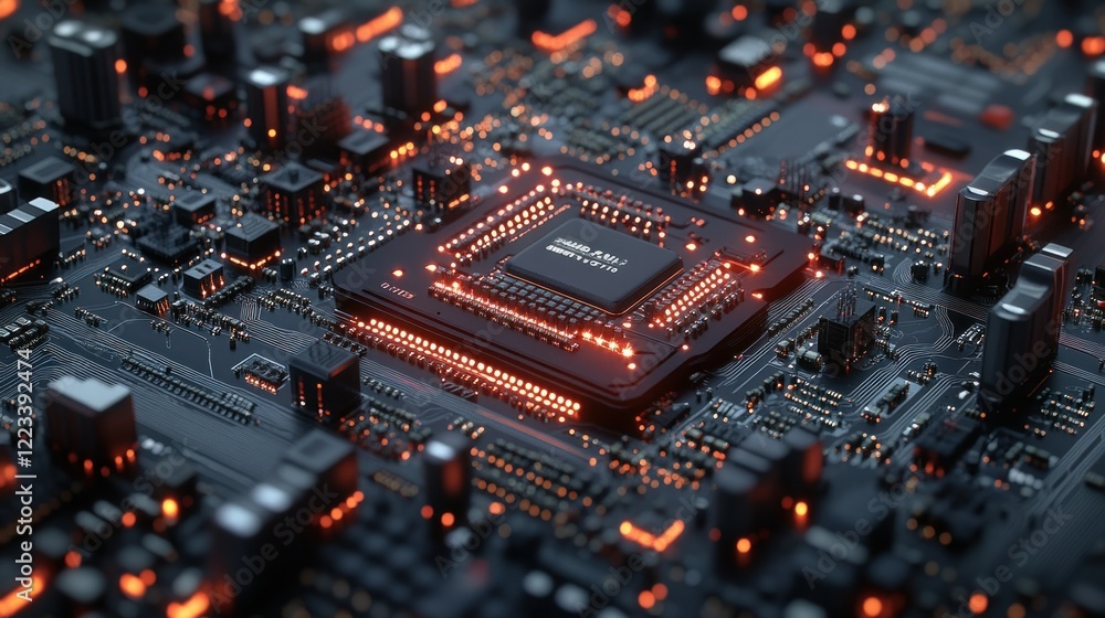 Poster glowing cpu on circuit board, tech background