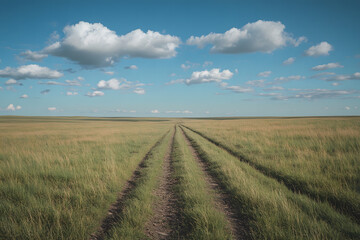 Obraz premium Railway Tracks Leading Through a Green Field into a Cloudy Horizon