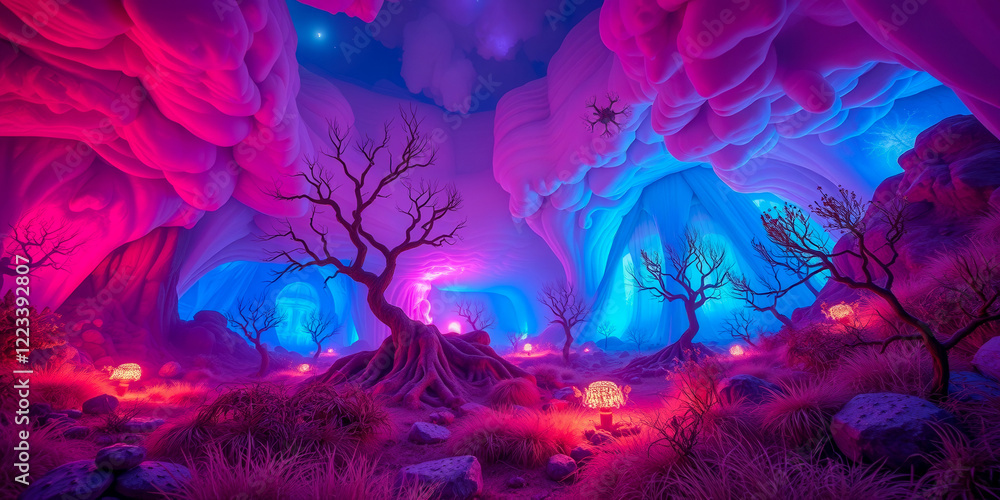 Poster a colorful, surreal landscape with a tree in the foreground. the sky is filled with clouds and the t