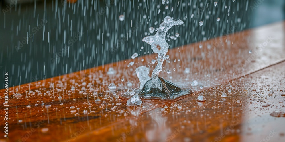 Poster a table is covered in water droplets from a leak. the water is falling from a silver object on the t