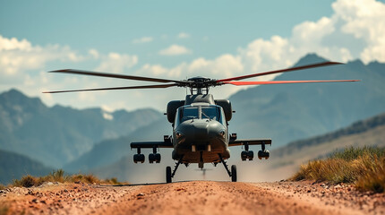 Military helicopter landing in mountains