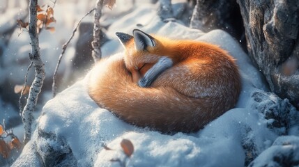 A red fox curled up in a ball, using its bushy tail as a blanket in a snow-covered den.