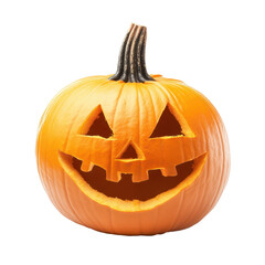 Brightly carved Halloween pumpkin with a smiling face on a white background, halloween pumpkin on white background