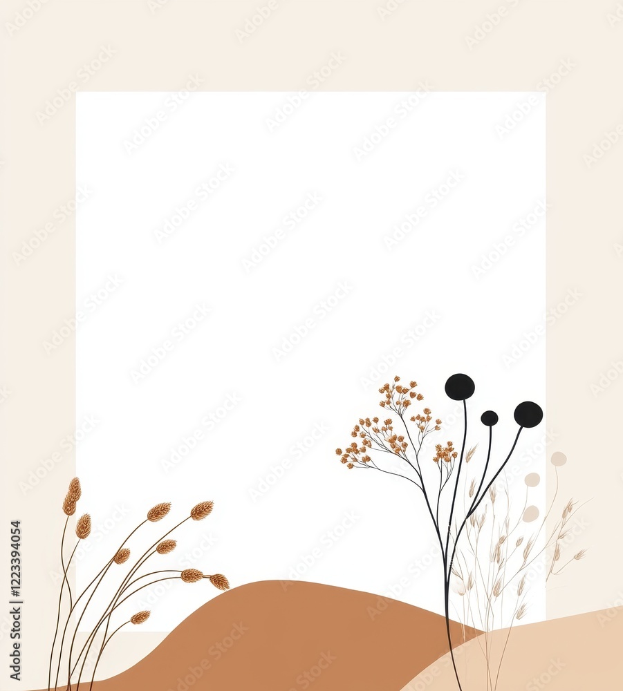 Poster a minimalist design featuring abstract plant shapes and soft earth tones, creating a serene environm
