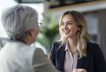 A businesswoman having a pleasant conversation with an older colleague