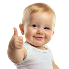 Smiling baby with blonde hair giving thumbs up in approval on white or transparent background.