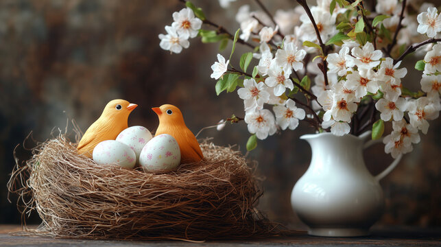 Bird Nest with Eggs and Blossoms
