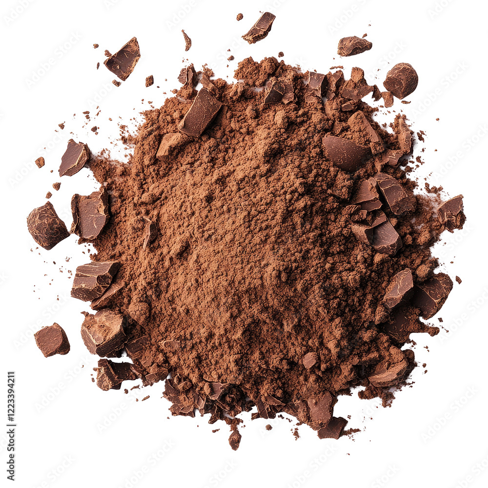 Poster cocoa powder scattered on transparent background showcasing its rich texture and color, cocoa powder
