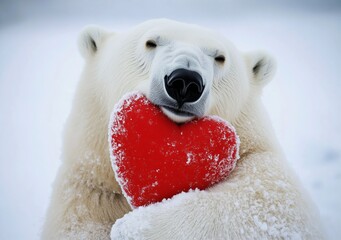A bear holds a big red heart as a symbol of Polar Bear Day. Polar Bear's Valentine. Portrait of a wild animal. Looking into the frame.