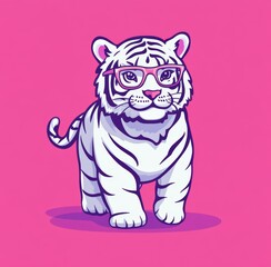 White Tiger with Pink Eyeglasses on a Pink Background Standing  Facing Front Cartoon Style