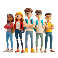 Fototapeta premium Group of cartoon students with backpacks standing together on a bright white background, Group 3D cartoon student on white background