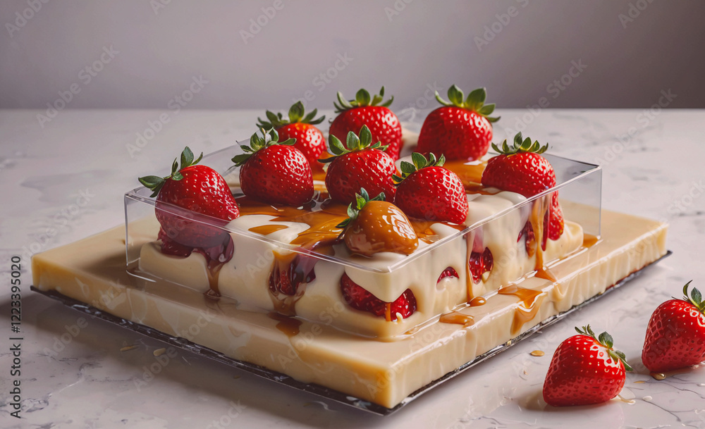 Poster a dessert with strawberries and caramel drizzled on top. the dessert is in a square pan and is place