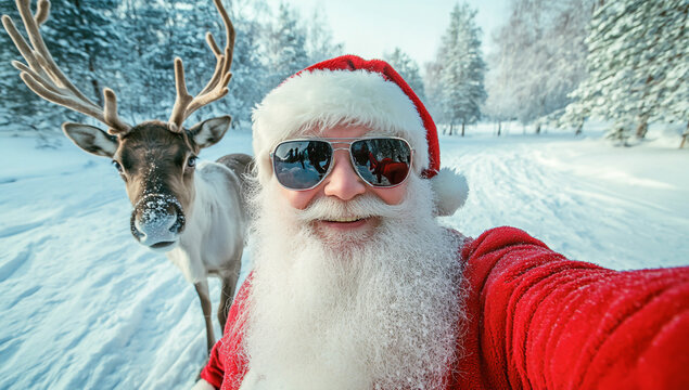 A selfie of Santa Claus in a snowy landscape during the day, with a happy mood - Powered by Adobe
