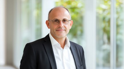 Fototapeta premium Corporate social responsibility, A confident man in a business suit stands near a window, with greenery in the background, exuding professionalism and approachability.