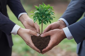Corporate social responsibility, A group of people holds a small tree in a heart-shaped mound of soil, symbolizing unity and commitment to environmental sustainability.