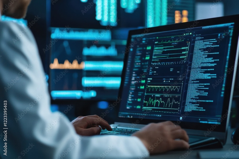 Poster corporate social responsibility, a person analyzes data on a laptop displaying complex graphs and co