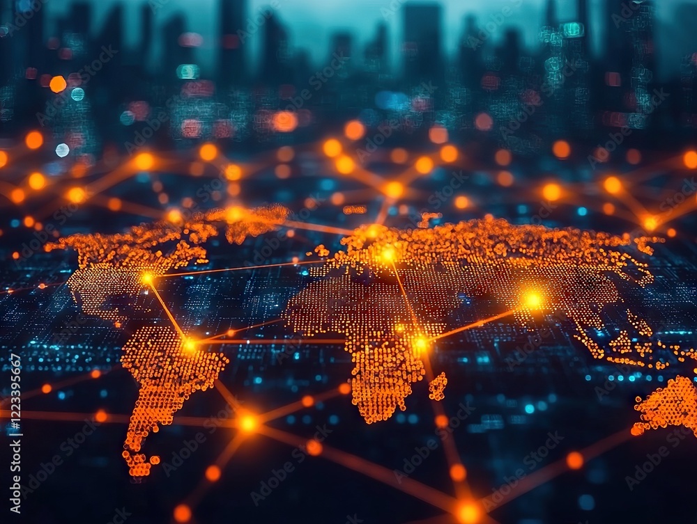 Poster global connectivity visualization digital world map data analysis urban environment aerial view tech
