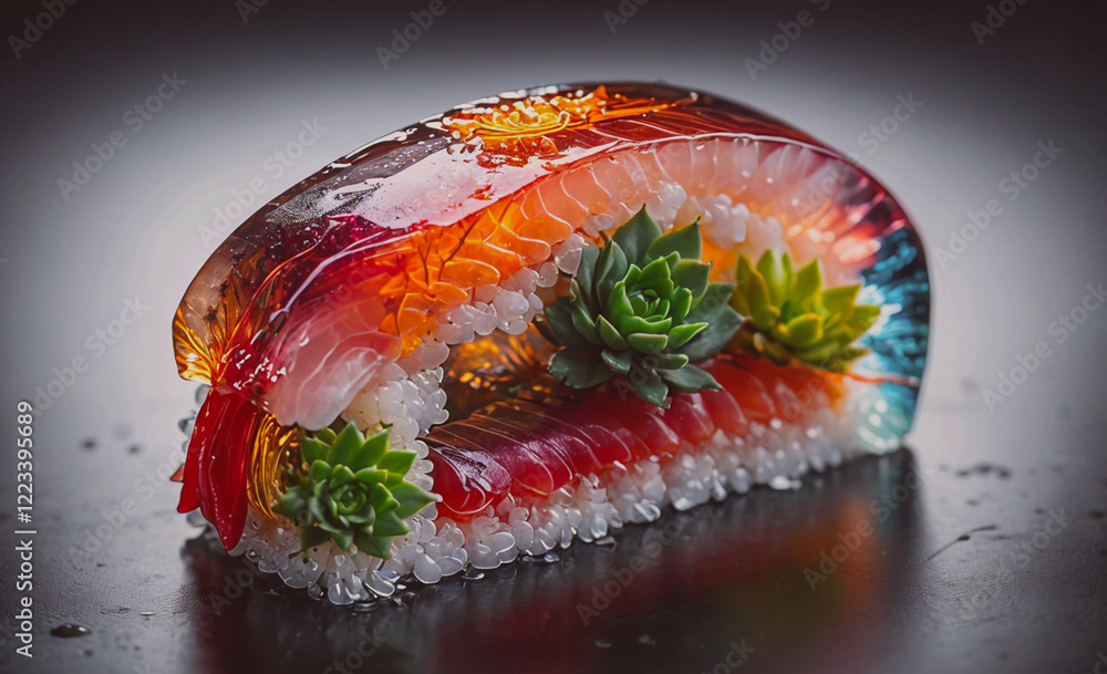 Aufkleber a sushi roll with a variety of colorful vegetables and a piece of meat. the roll is covered in a jel