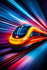 Fototapeta premium A yellow high-speed train races through a futuristic night city with glowing skyscrapers illuminating the skyline.