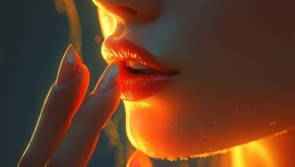 Enigmatic Sensuality: A Close-Up of  Lips and Fingertips Bathed in Warm Light