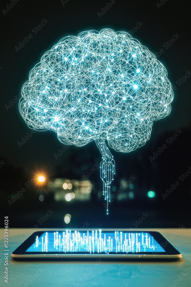 Aufkleber innovation management, a glowing digital brain emerging from a tablet, symbolizing artificial intell