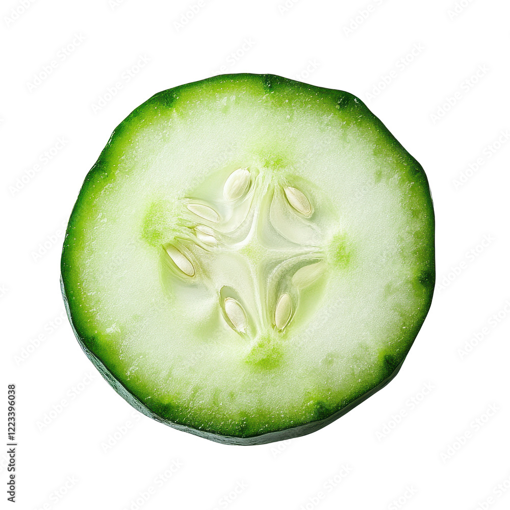 Poster fresh green cucumber slice isolated on transparent background showcasing its texture and seeds, slic