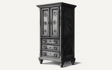 Fototapeta premium A monochrome vector illustration of a tall wooden cabinet with multiple drawers and intricate floral ornaments