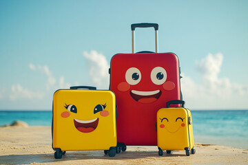 Set of cartoon-style luggage with animated faces.