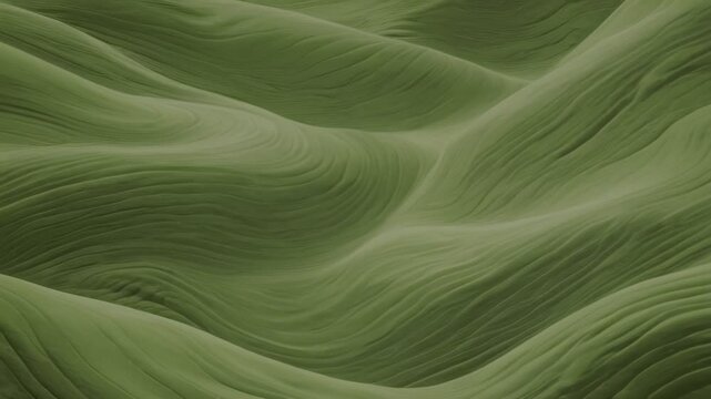 The video captures green wavy textures, reminiscent of green hills with a smooth wavy texture, flowing streams of grass under soft lighting, creating a serene and harmonious visual effect,