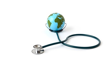 World Health Day, Globe with Stethoscope on white background, global healthcare, copy space