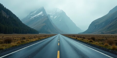 Asphalt ribbon unwinding towards majestic, mist-shrouded peaks, a scenic drive through a tranquil mountain valley