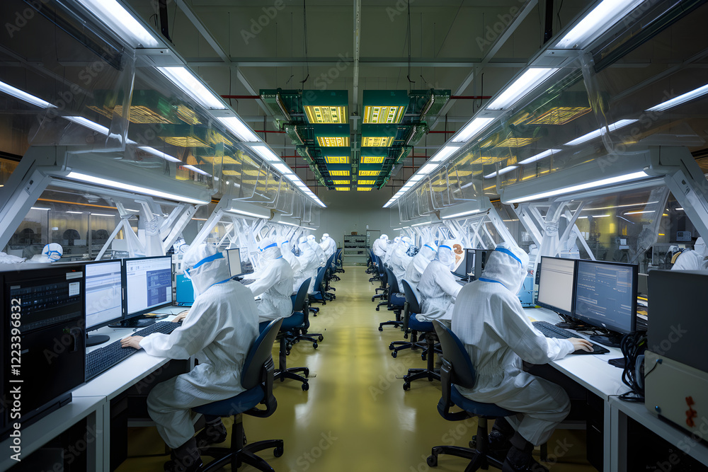 Aufkleber technicians working inside modern electronics factory