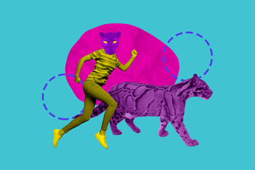 Creative sketch collage of anonym girl wear leopard avatar mask run gepard wild cat bengal zoo visitor jungle nature fauna © deagreez