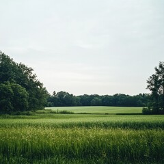 Lush green fields and dense trees under a cloudy sky in a tranquil rural landscape during daytime hours. Generative AI