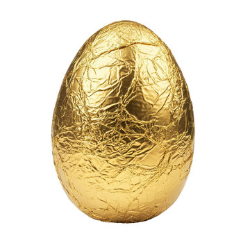 Luxurious chocolate egg wrapped in shimmering gold foil against a white background, Chocolate egg wrapped in gold foil isolated on white background