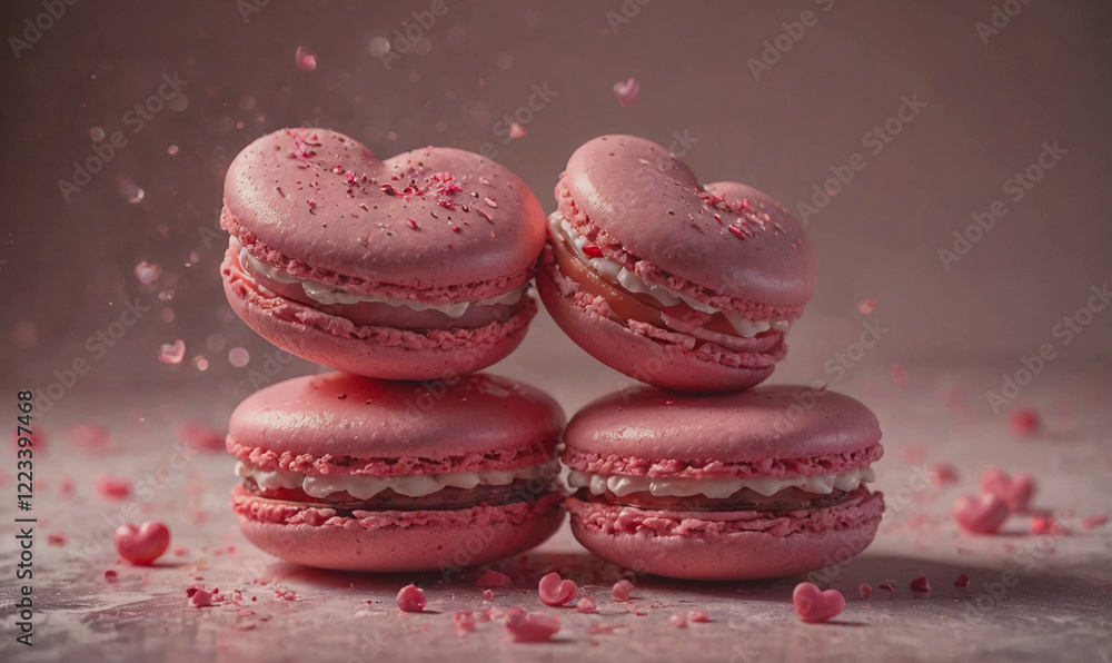 Poster A stack of pink macarons with hearts on top. The macarons are piled on top of each other, creating a visually appealing and delicious display. The pink color and heart shape evoke a sense of romance