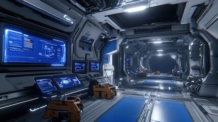 Fototapeta premium A futuristic, high-tech corridor featuring screens and control panels, illuminated with blue lights, suggesting an advanced spacecraft environment.