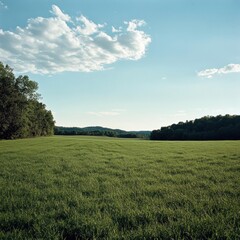 Fototapeta premium Expansive green field under a clear blue sky with fluffy clouds during a sunny afternoon near wooded hills. Generative AI
