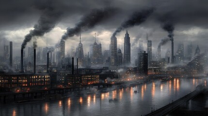 Fototapeta premium Industrial Cityscape Under a Smoky Dark Sky