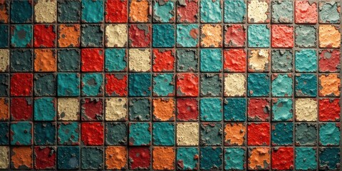 A Colorful Array of Distressed Square Tiles with a Weathered Appearance, Showing a Rich Texture and Variety of Hues in a Repeating Pattern
