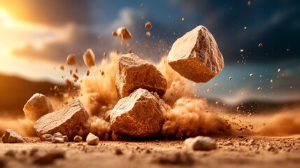 Stones exploding on the ground creating a cloud of dust at sunset