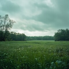 Rolling green fields under a cloudy sky in a tranquil rural landscape with lush vegetation and a sense of calm. Generative AI