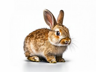 Fototapeta premium Fluffy baby bunny sits upright with ears perked up in a playful pose