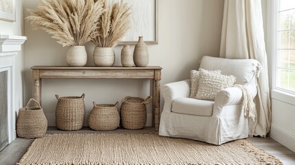 A neutral-toned farmhouse living room filled with natural textures like a handwoven jute area rug