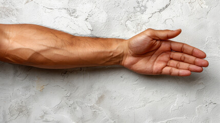 A male arm highlighting the inner part of the forearm with the hand open, empty white flat background.